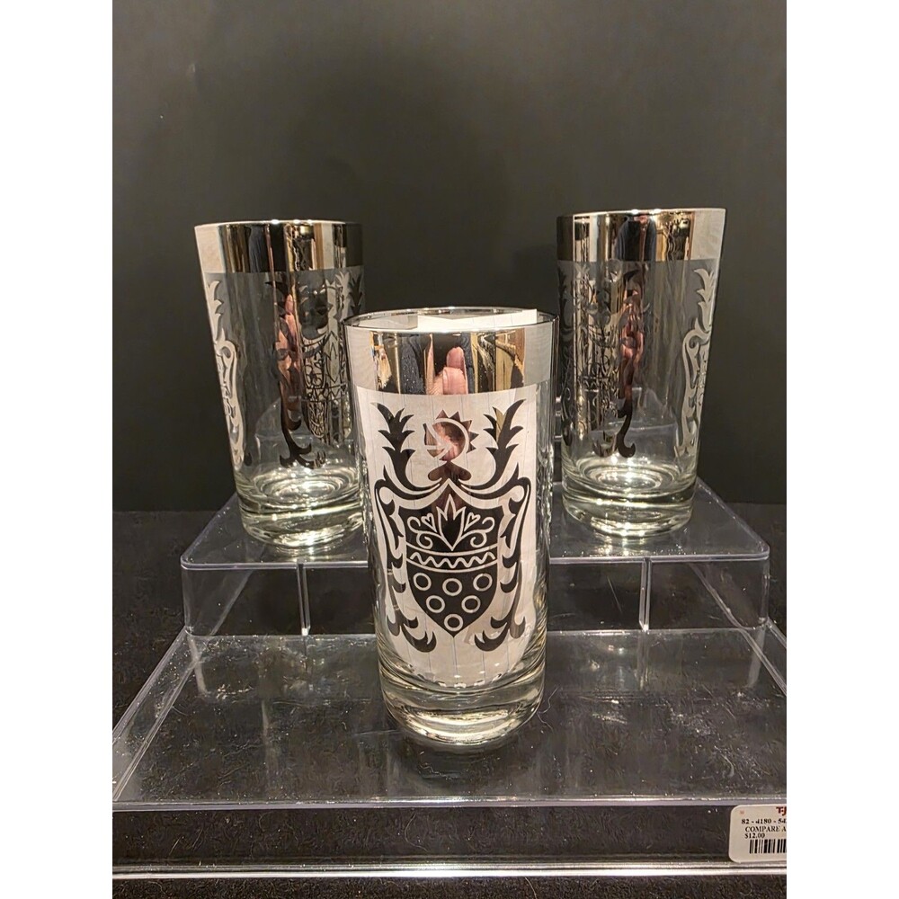 Vintage MCM KIMIKO Clear Silver Knight Shield Highball Drinking Glasses Set Of 3